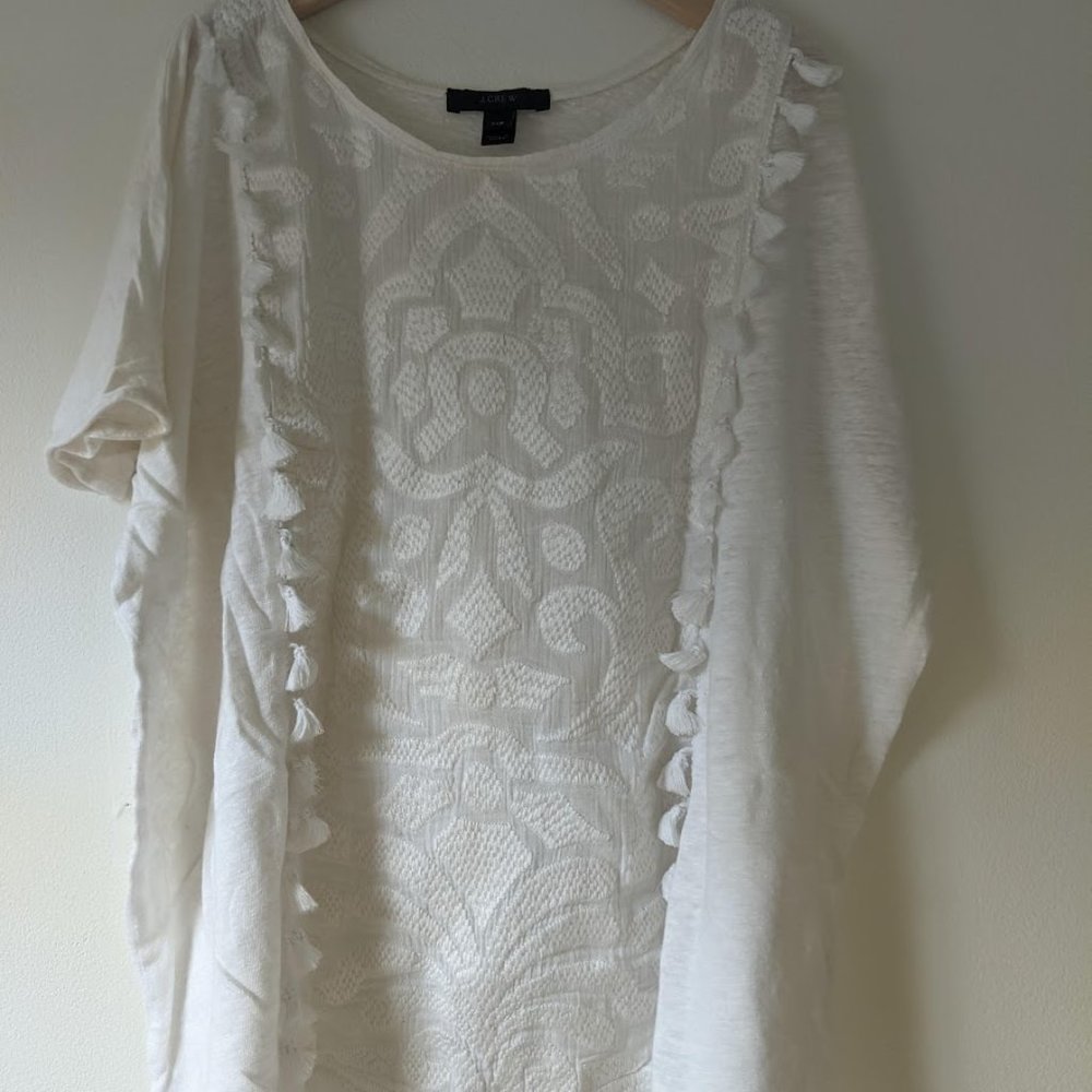 J. Crew embroidered white tee with tassels
